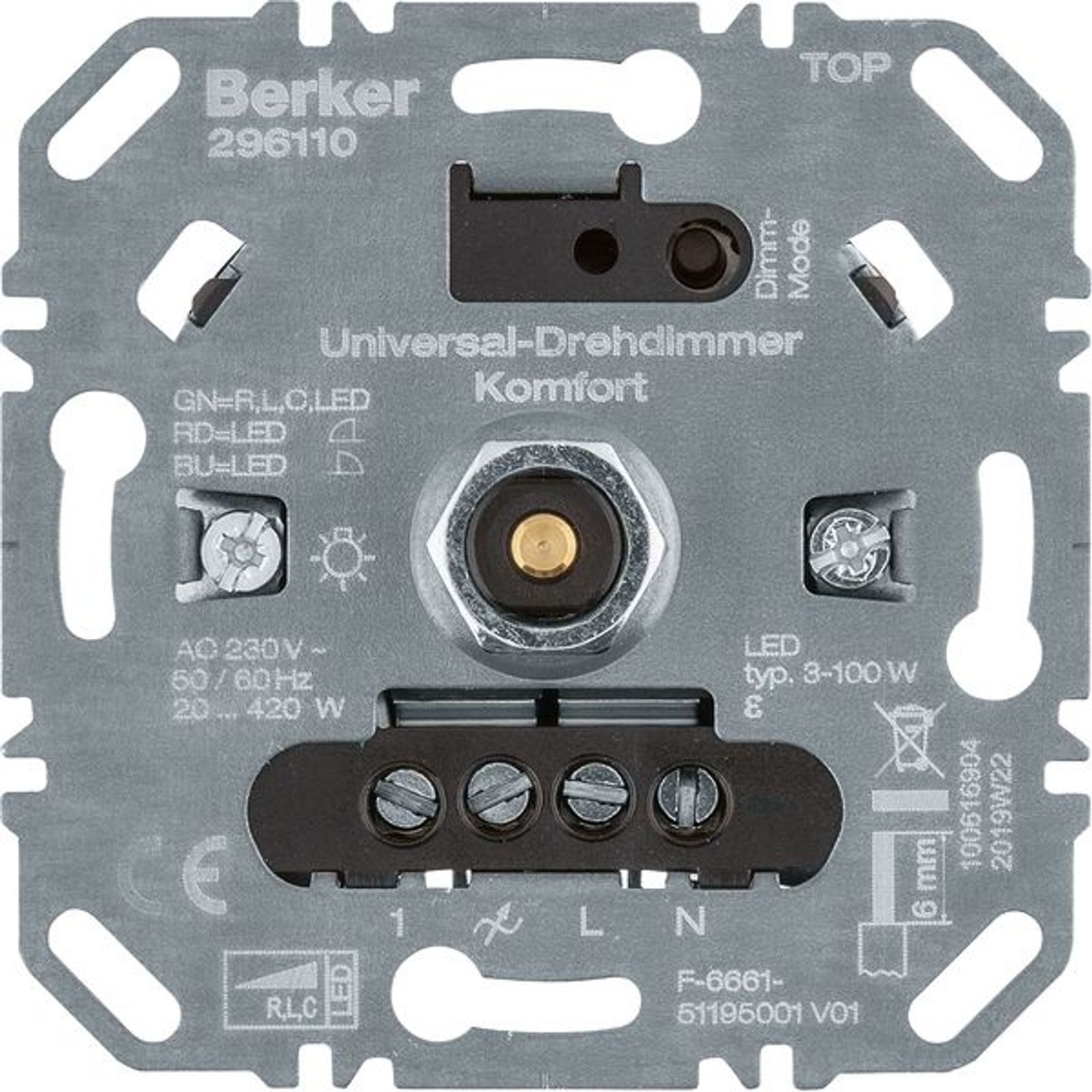 Berker 296110 Universal-Drehdimmer Komfort (R, L, C, LED), Softrastung, Lichtsteuerung