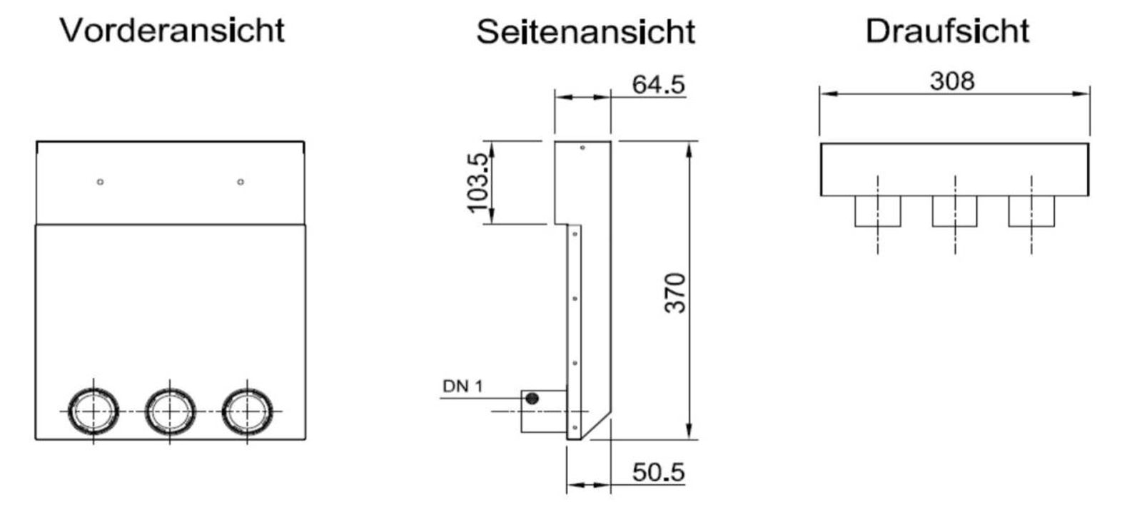 Luftanschlusskasten zur Montage der Zu- und Abluftgitter 3 Abgänge  Ø 50 mm  Wand 305 mm x 102 mm x 460 mm