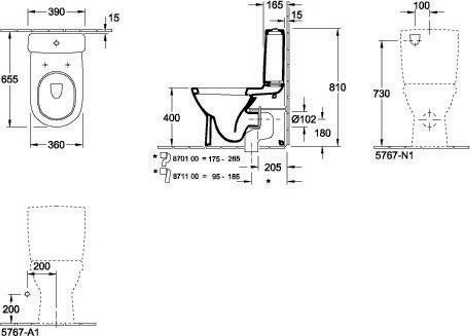 Villeroy & Boch Tiefspül-WC für Kombination O.n 565810 360x640mm Oval Weiß Alpin