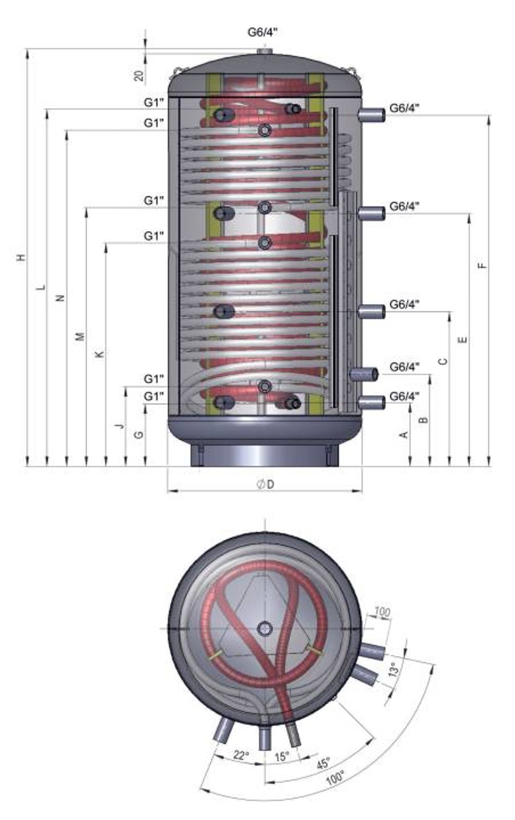Kombi-Schichtspeicher 1500 Liter mit zwei Wärmetauschern und 100 mm Isolierung