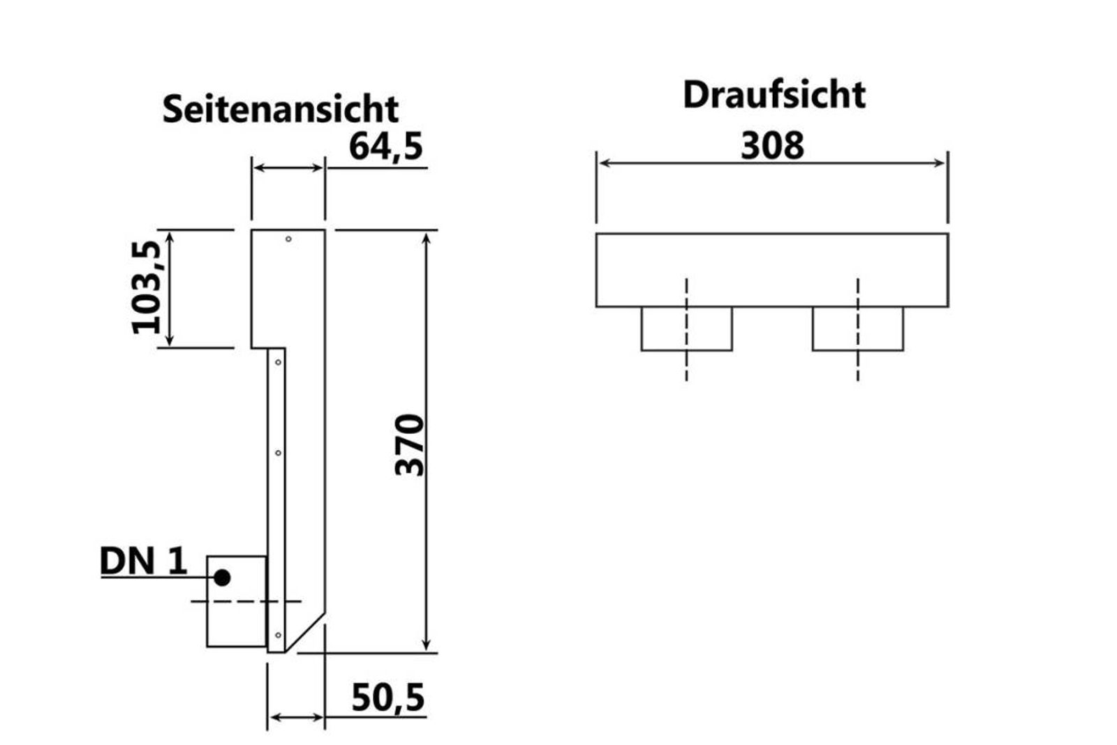 Luftanschlusskasten zur Montage der Zu- und Abluftgitter 2 Abgänge  Ø 75 mm  Wand 308 mm x 64,5 mm x 370 mm