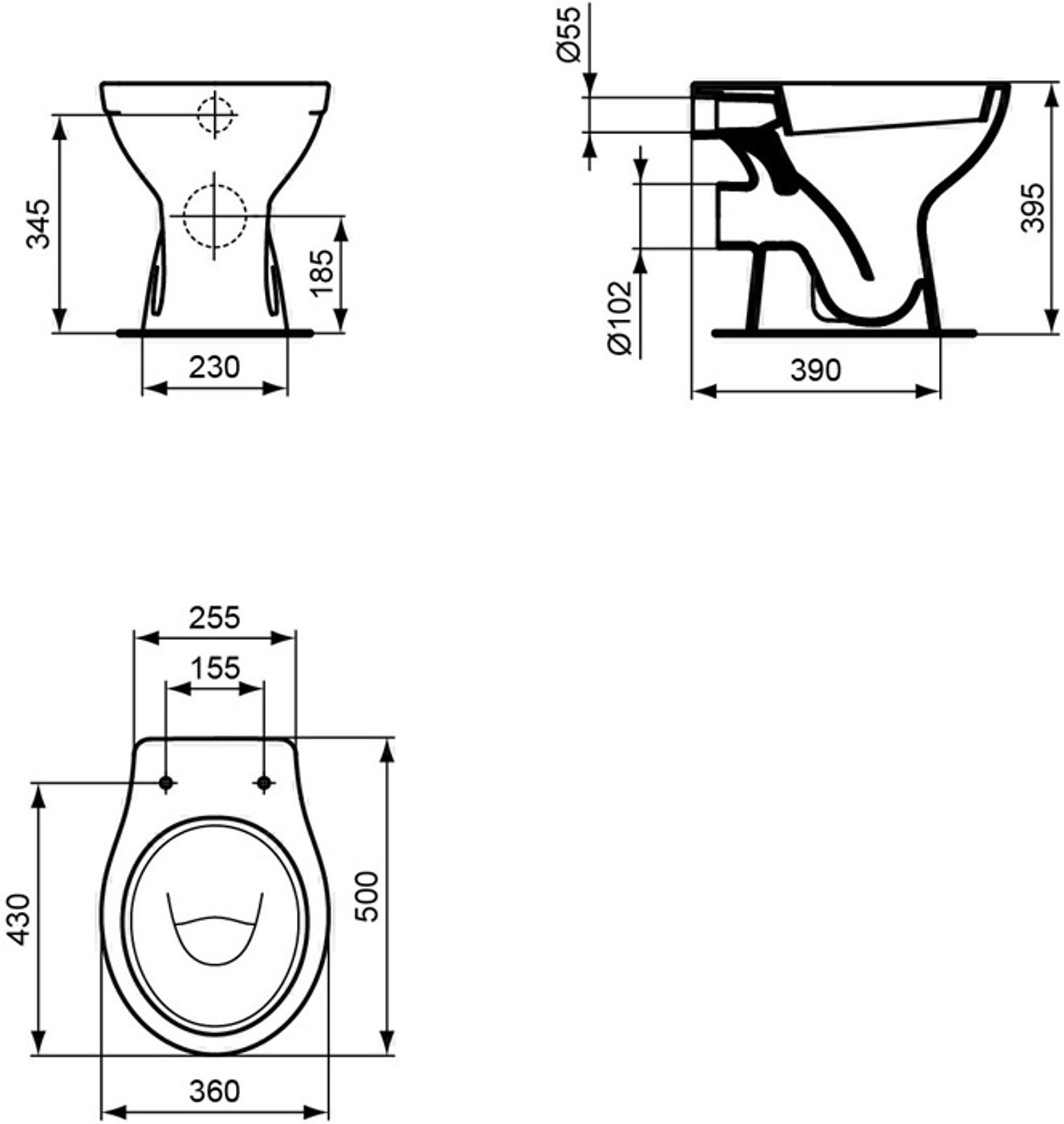 Ideal Standard Standtiefspül-WC Eurovit, außen waagr., 360x500x395mm, Weiß