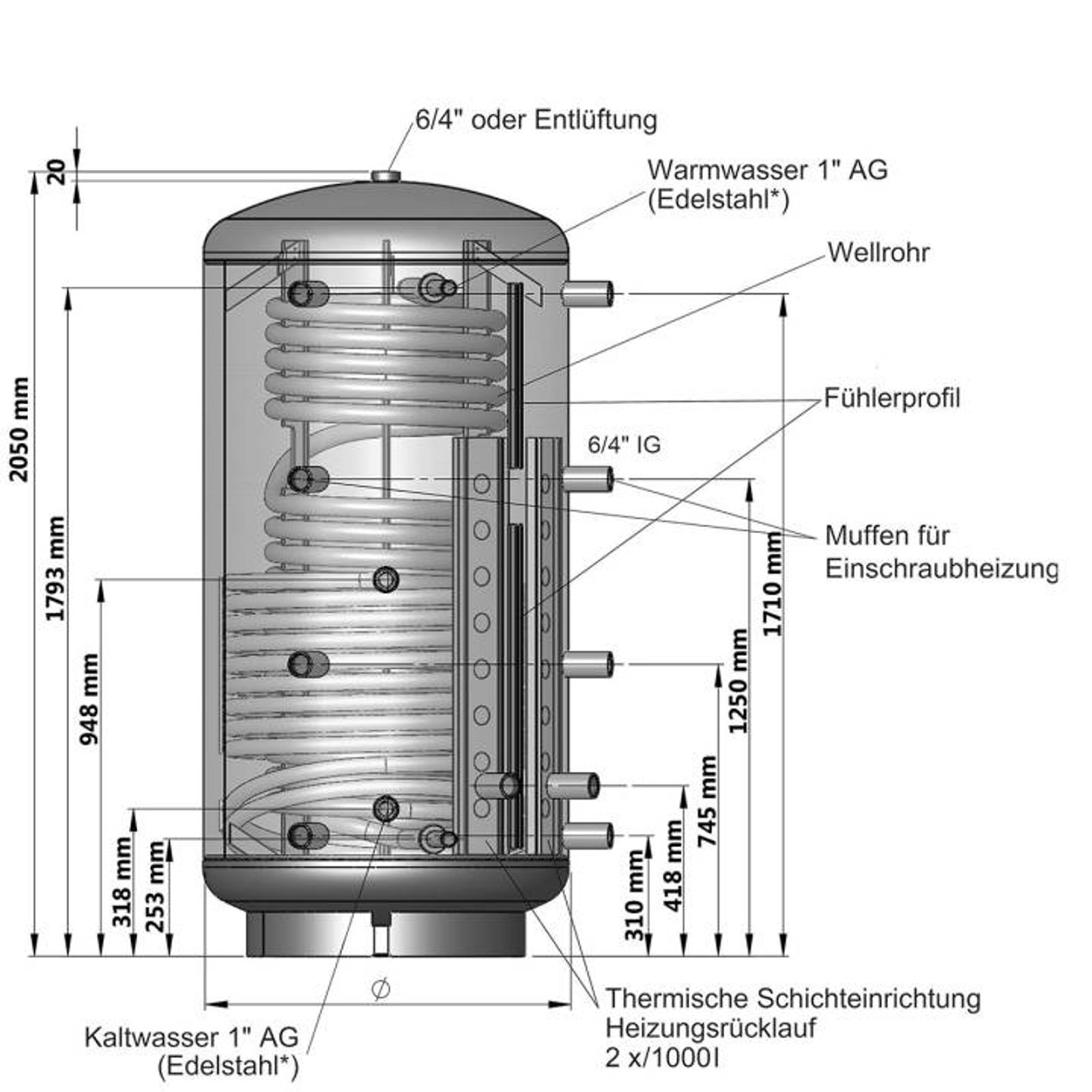Kombi-Schichtspeicher 500 Liter mit einem Wärmetauscher und 100 mm Isolierung